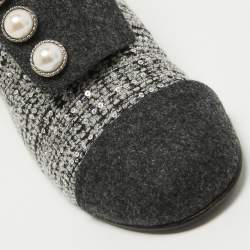 Chanel Grey Embellished Tweed Faux Pearl Ankle Boots Size 38.5