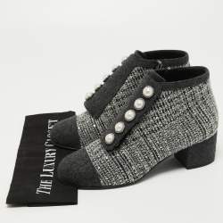 Chanel Grey Embellished Tweed Faux Pearl Ankle Boots Size 38.5