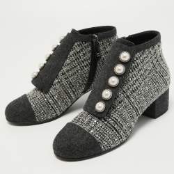Chanel Grey Embellished Tweed Faux Pearl Ankle Boots Size 38.5