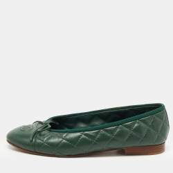 Chanel Green Quilted Leather CC Bow Ballet Flats Size 36.5 Chanel