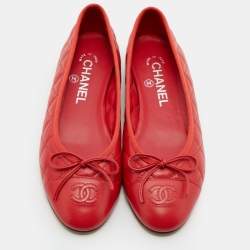 Chanel Red Quilted Leather CC Bow Cap Toe Ballet Flats Size 37