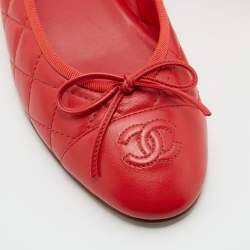 Chanel Red Quilted Leather CC Bow Cap Toe Ballet Flats Size 37