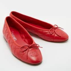 Chanel Red Quilted Leather CC Bow Cap Toe Ballet Flats Size 37