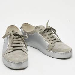 Pre Owned Chanel Grey/Silver Suede and Leather Low Top Sneakers Size 38