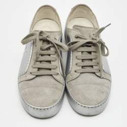 Pre Owned Chanel Grey/Silver Suede and Leather Low Top Sneakers Size 38