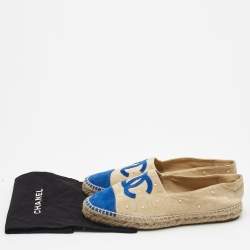 Chanel Beige/Blue Suede Faux Pearl Embellished CC Espadrille Flats Size 39
