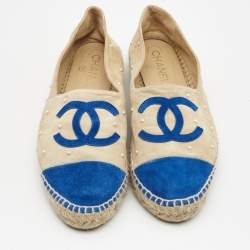 Chanel Beige/Blue Suede Faux Pearl Embellished CC Espadrille Flats Size 39
