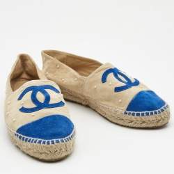 Chanel Beige/Blue Suede Faux Pearl Embellished CC Espadrille Flats Size 39