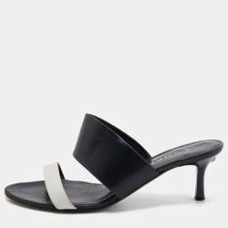 Chanel Black/White Leather Open Toe Slide Sandals Size 39.5
