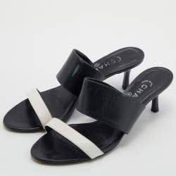 Chanel Black/White Leather Open Toe Slide Sandals Size 39.5