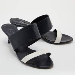 Chanel Black/White Leather Open Toe Slide Sandals Size 39.5