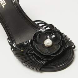 Chanel Black Leather Faux Pearl Camellia Strappy Ankle Strap Wedge Sandals Size 38