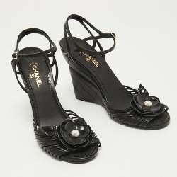 Chanel Black Leather Faux Pearl Camellia Strappy Ankle Strap Wedge Sandals Size 38