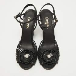 Chanel Black Leather Faux Pearl Camellia Strappy Ankle Strap Wedge Sandals Size 38