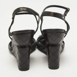 Chanel Black Leather Faux Pearl Camellia Strappy Ankle Strap Wedge Sandals Size 38