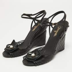 Chanel Black Leather Faux Pearl Camellia Strappy Ankle Strap Wedge Sandals Size 38