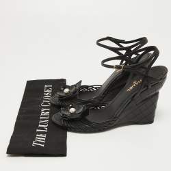 Chanel Black Leather Faux Pearl Camellia Strappy Ankle Strap Wedge Sandals Size 38