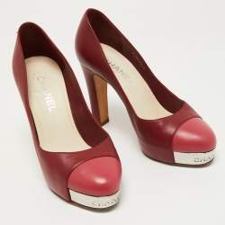 Chanel Red/Pink Leather CC Cap Toe Block Heel Platform Pumps Size 38