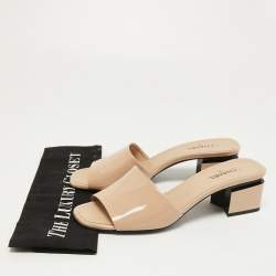 Chanel Beige Patent Leather Block Heel Slide Sandals Size 39