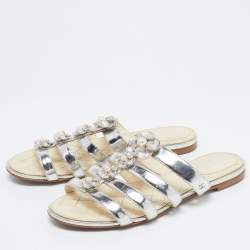 Pre Owned Chanel Silver Leather Faux Pearl Camellia Strappy Flat Slides Size 36