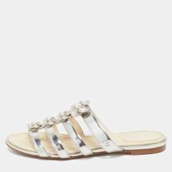 Pre Owned Chanel Silver Leather Faux Pearl Camellia Strappy Flat Slides Size 36