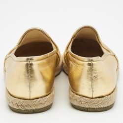Pre Owned Chanel Metallic Gold Leather CC Slip On Espadrilles Flats Size 35.5