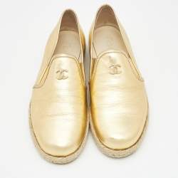 Pre Owned Chanel Metallic Gold Leather CC Slip On Espadrilles Flats Size 35.5