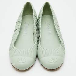 Pre Owned Chanel Mint Green Leather Gathered CC Cap Toe Ballet Flats Size 37