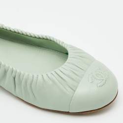 Pre Owned Chanel Mint Green Leather Gathered CC Cap Toe Ballet Flats Size 37