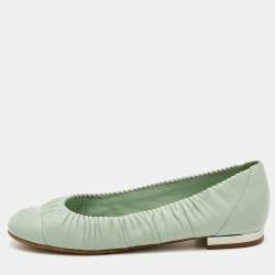 Pre Owned Chanel Mint Green Leather Gathered CC Cap Toe Ballet Flats Size 37