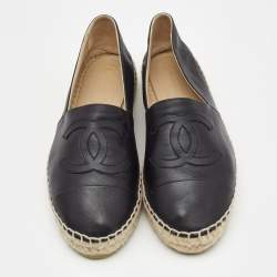 Chanel Black Leather CC Espadrille Flats Size 38