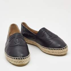 Chanel Black Leather CC Espadrille Flats Size 38
