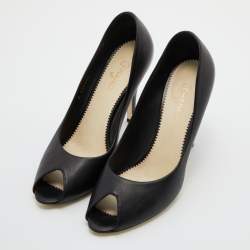 Pre Owned Chanel Black Leather Peep Toe Pumps Size 41
