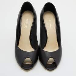 Pre Owned Chanel Black Leather Peep Toe Pumps Size 41