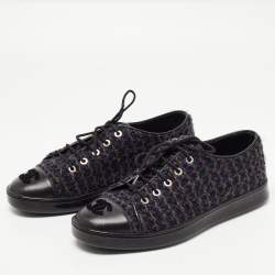 Chanel Blue/Black Tweed and Leather Cap Toe CC Low Top Sneakers Size 37.5