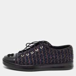 Chanel Blue/Black Tweed and Leather Cap Toe CC Low Top Sneakers Size 37.5