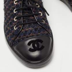 Chanel Blue/Black Tweed and Leather Cap Toe CC Low Top Sneakers Size 37.5