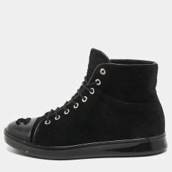 Pre Owned Chanel Black Corduroy and Leather Cap Toe CC High Top Sneakers Size 37.5 