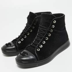 Pre Owned Chanel Black Corduroy and Leather Cap Toe CC High Top Sneakers Size 37.5 