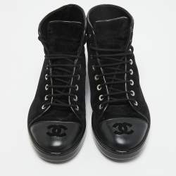 Pre Owned Chanel Black Corduroy and Leather Cap Toe CC High Top Sneakers Size 37.5 