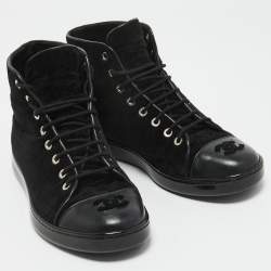 Pre Owned Chanel Black Corduroy and Leather Cap Toe CC High Top Sneakers Size 37.5 