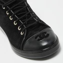 Pre Owned Chanel Black Corduroy and Leather Cap Toe CC High Top Sneakers Size 37.5 