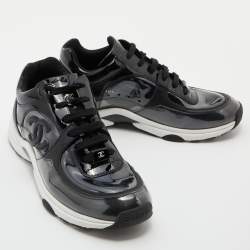 Pre Owned Chanel Black PVC and Patent Leather CC Low Top Sneakers Size 39.5