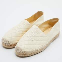 Chanel Cream Quilted Leather Interlocking CC Logo Espadrille Flats Size 39