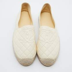 Chanel Cream Quilted Leather Interlocking CC Logo Espadrille Flats Size 39