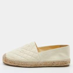 Chanel Cream Quilted Leather Interlocking CC Logo Espadrille Flats Size 39