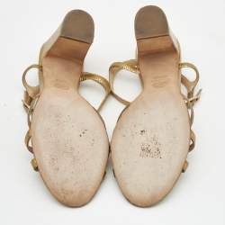 Pre Owned Chanel Gold Textured Leather Crystal Embellished Bow Ankle Strap Sandals Size 37.5