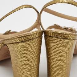 Pre Owned Chanel Gold Textured Leather Crystal Embellished Bow Ankle Strap Sandals Size 37.5