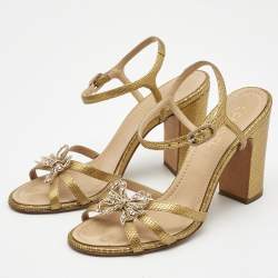 Pre Owned Chanel Gold Textured Leather Crystal Embellished Bow Ankle Strap Sandals Size 37.5