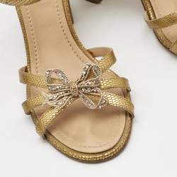Pre Owned Chanel Gold Textured Leather Crystal Embellished Bow Ankle Strap Sandals Size 37.5